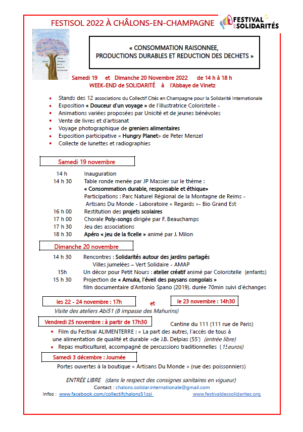 programme proposé par le collectif Cités en Champagne pour la Solidarité Internationale, à l'occasion de FestiSol (nov22)