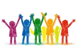 Illustration personnages colorés qui lèvent les bras